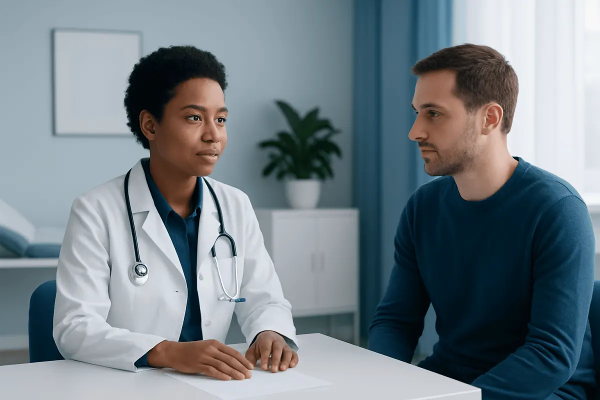 Doctor consulting with a male patient in a medical office setting.