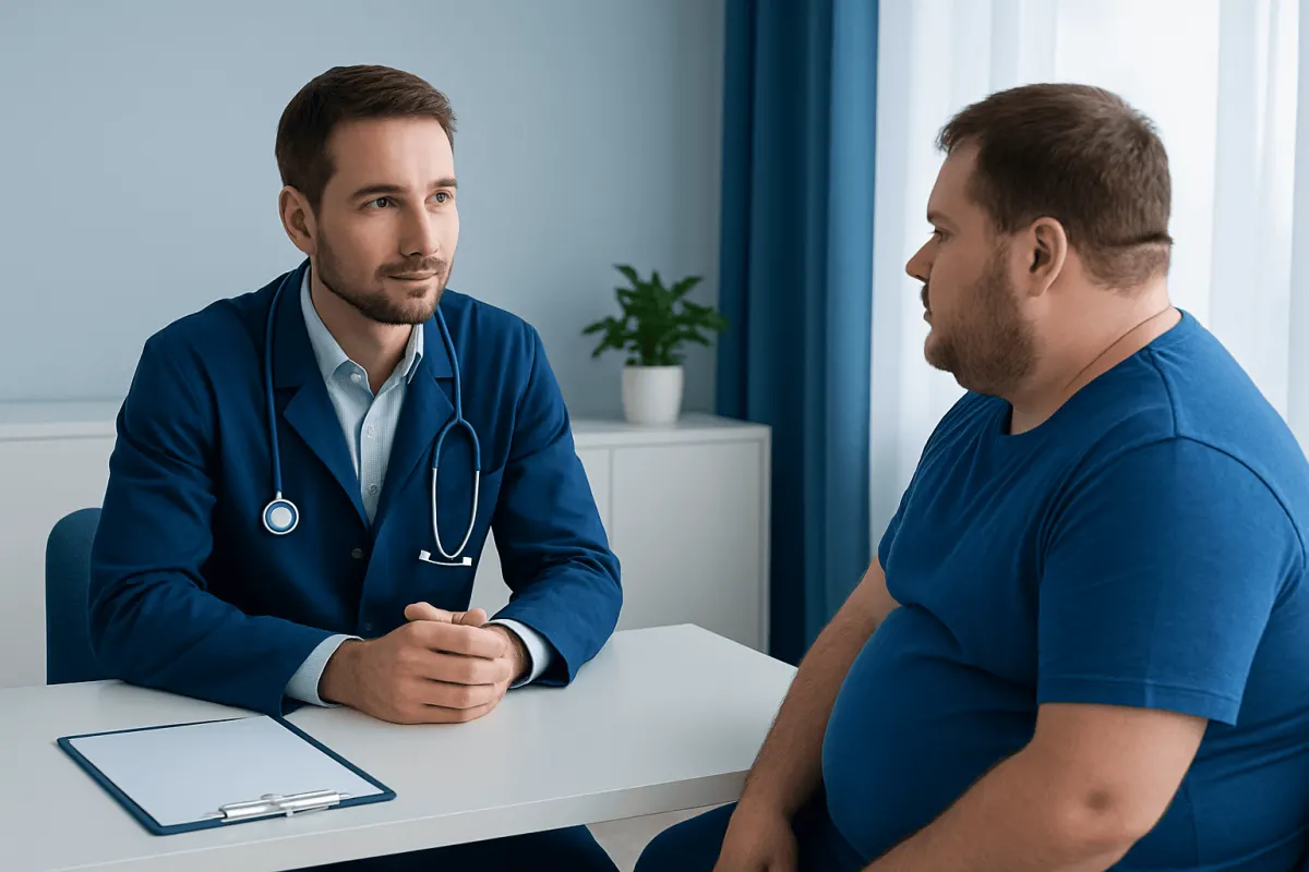 Doctor consulting with male patient in a medical office setting.