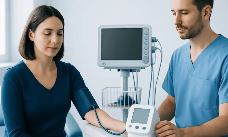 Healthcare professional measuring blood pressure of a woman in a clinical setting.