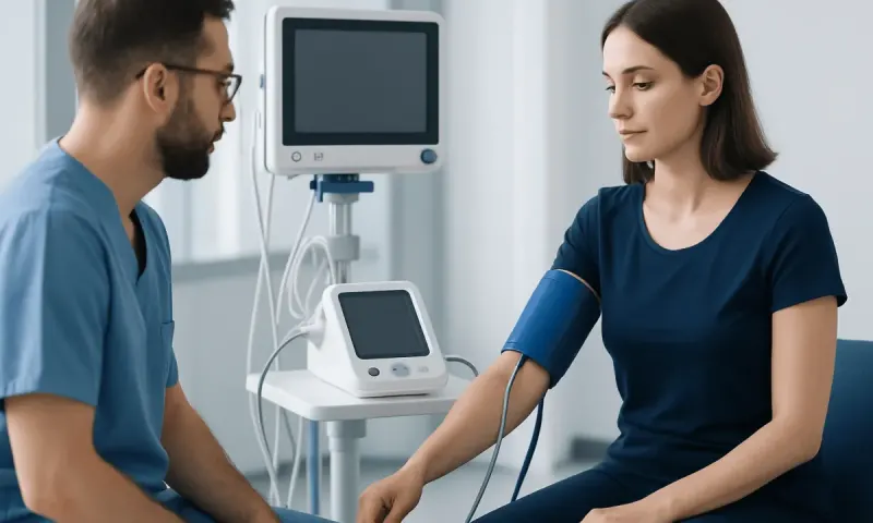 Patient's blood pressure being measured in a medical clinic setting.