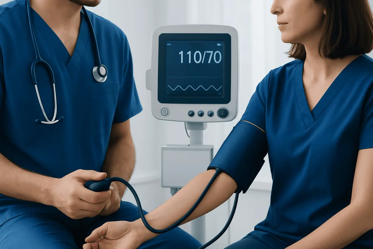 Healthcare professionals measuring blood pressure with monitor showing 110/70.