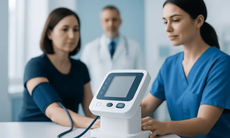Nurse measuring blood pressure with digital monitor in hospital setting.