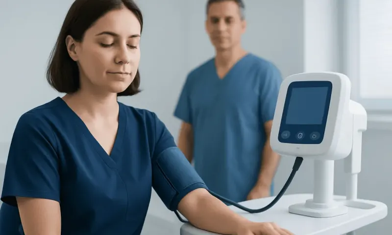 Healthcare professional measuring blood pressure with monitor in clinic.