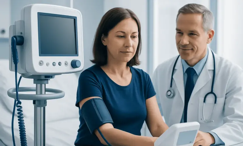 Doctor checking blood pressure of a woman patient in hospital.