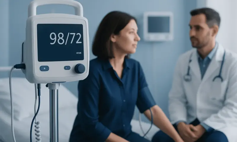 Blood pressure monitor displaying 98/72 reading in a medical consultation room.