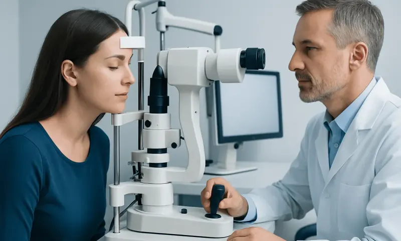 Ophthalmologist examining a patient's eye with a slit lamp microscope.
