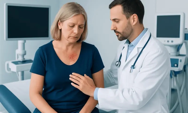 Doctor examining a woman with a skin rash in a hospital setting.