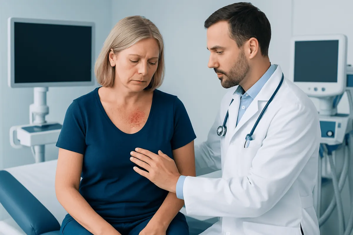Doctor examining a woman with a skin rash in a hospital setting.