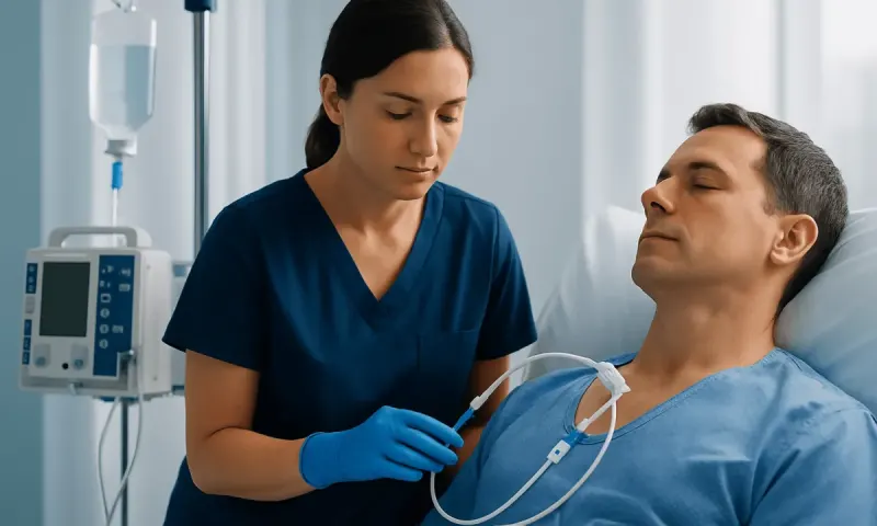 Nurse preparing a patient for central venous catheter placement in hospital.