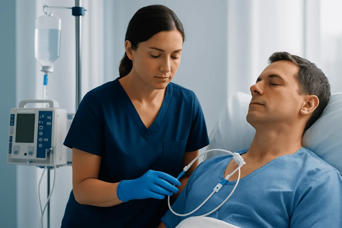 Nurse preparing a patient for central venous catheter placement in hospital.