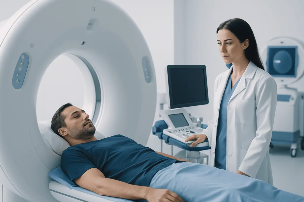 Patient undergoing a CT scan at Acibadem Hospital with medical staff present.