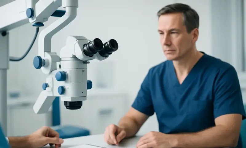 Medical professional examining patient with surgical microscope in clinic.