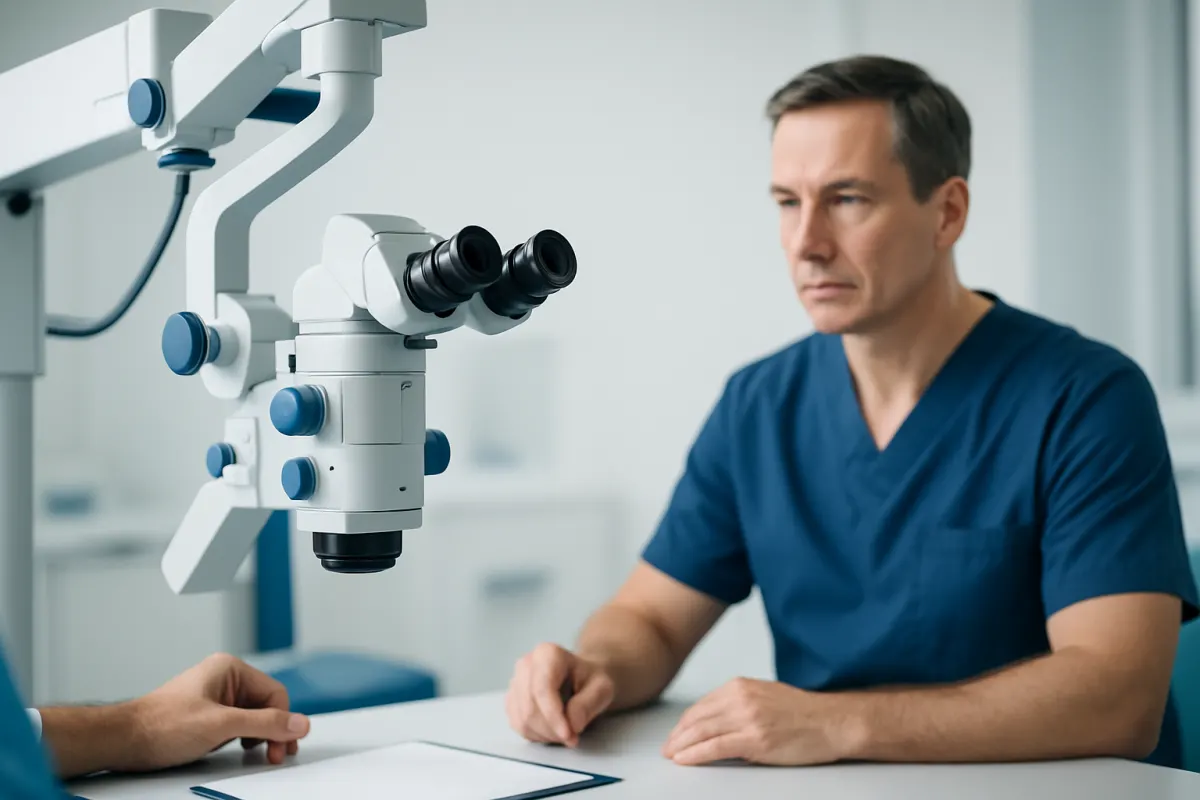 Medical professional examining patient with surgical microscope in clinic.