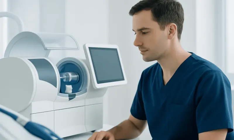 Dental technician operating a dental milling machine in a clinic setting.