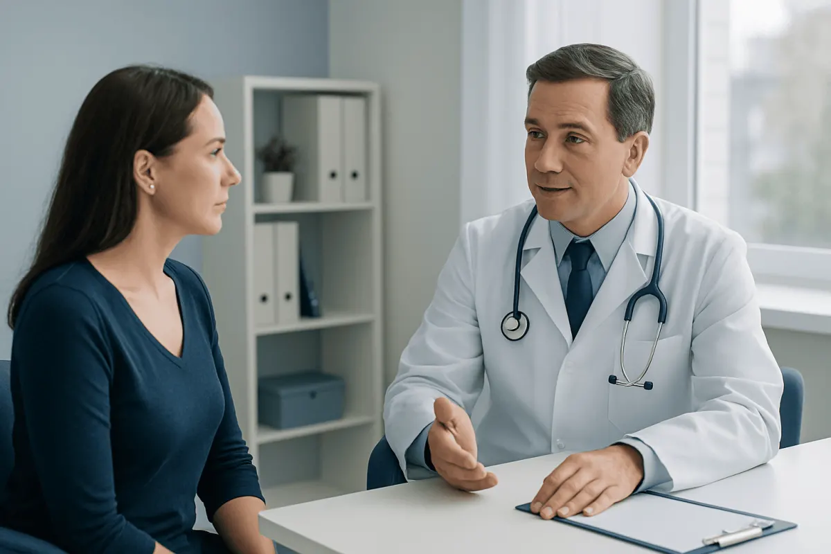 Doctor consulting with a female patient in a medical office.