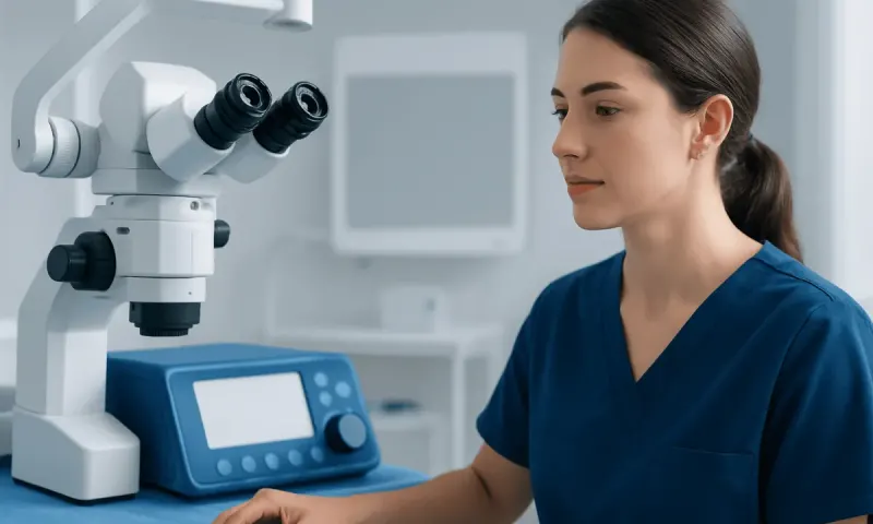 Medical professional using a microscope in a clinical setting.