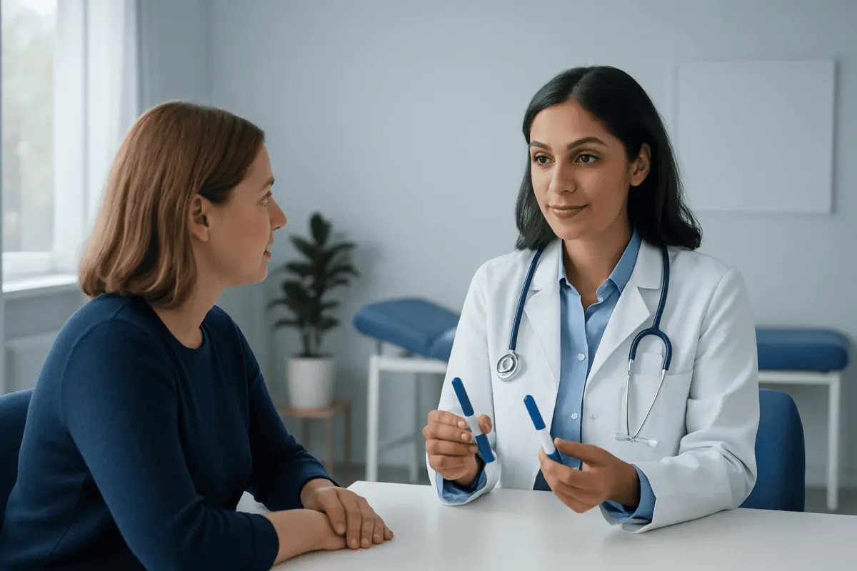 Doctor consulting with a patient in a modern medical office.