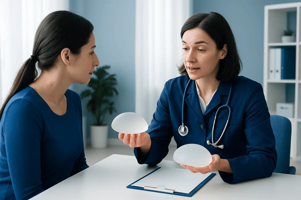 Doctor explaining breast implant options to patient in consultation room.