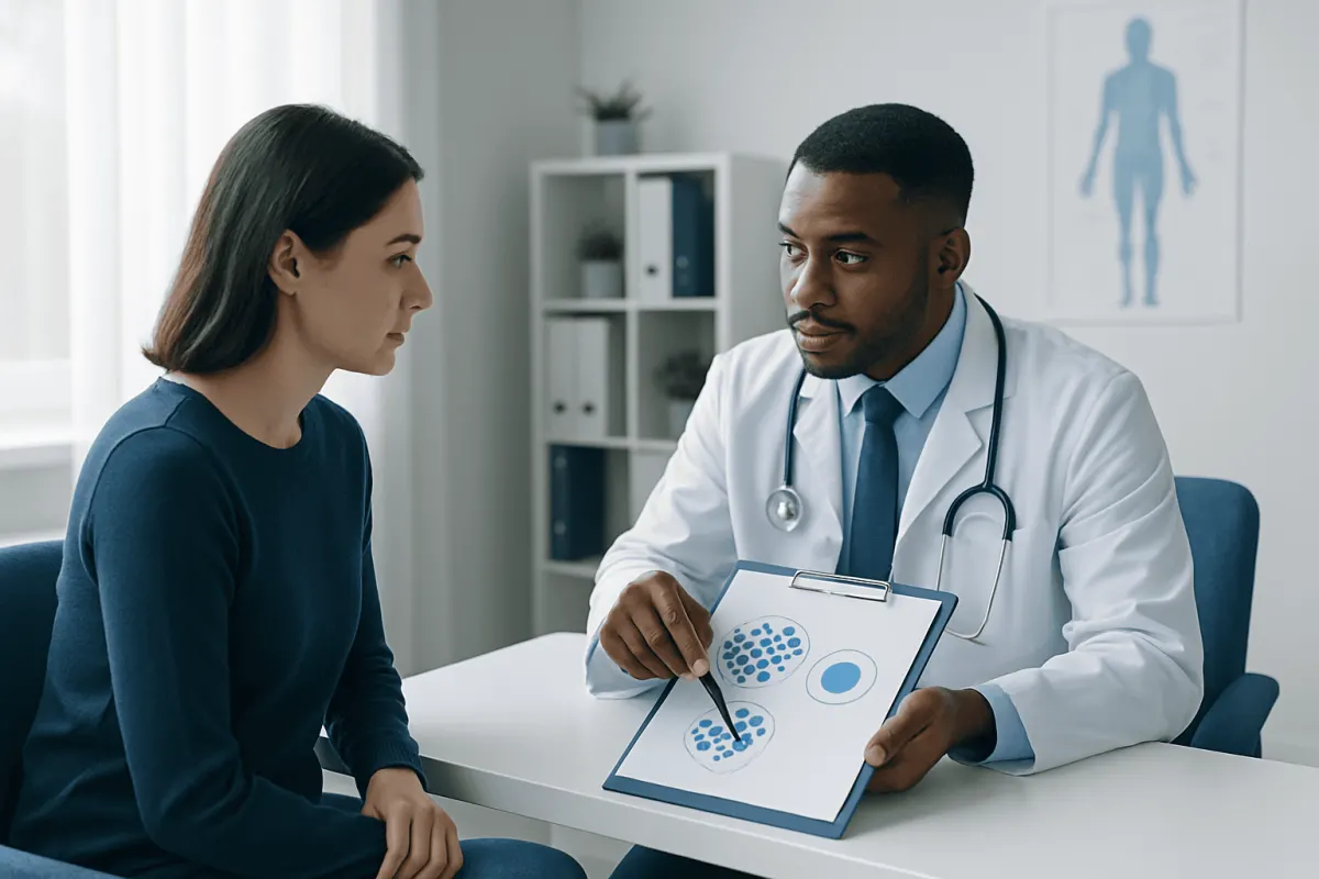 Doctor explaining stem cell types to a patient in a medical consultation.