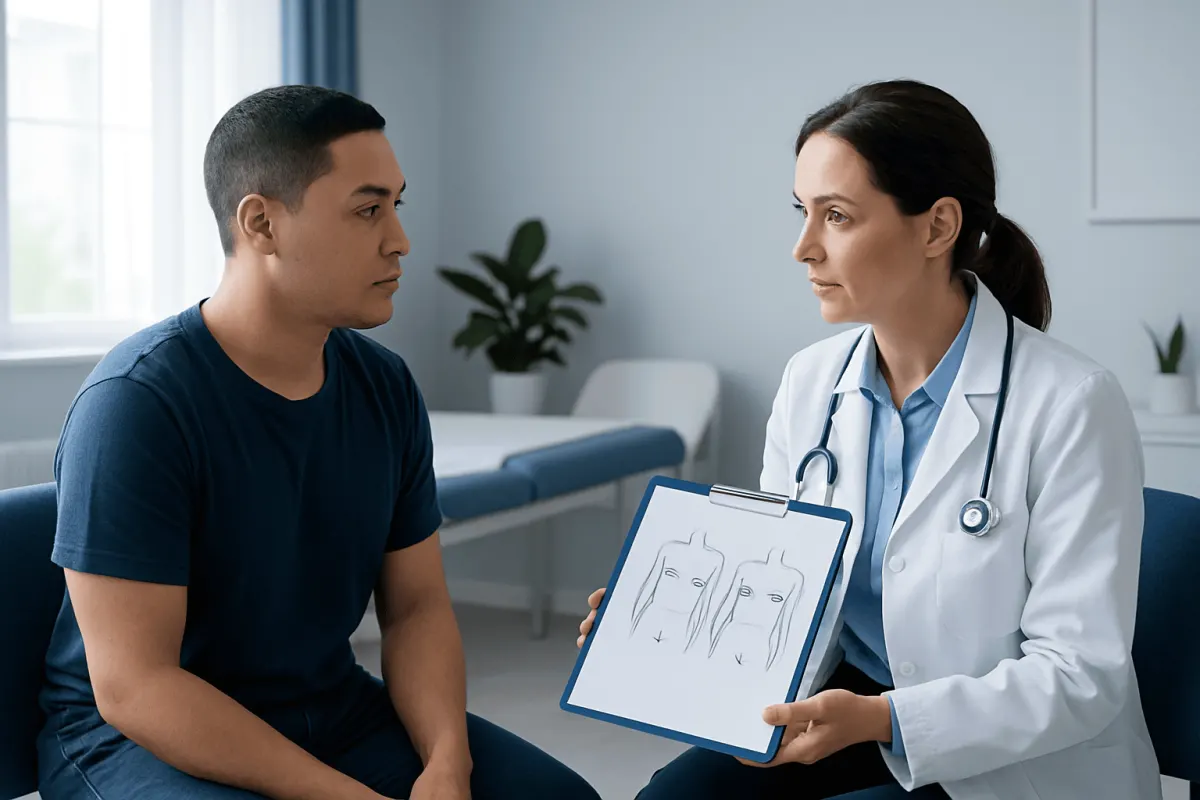 Doctor explaining breast surgery options to a patient in a consultation room.