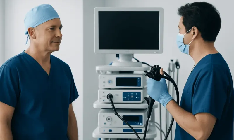 Doctors preparing for a medical procedure with endoscopy equipment in a hospital.