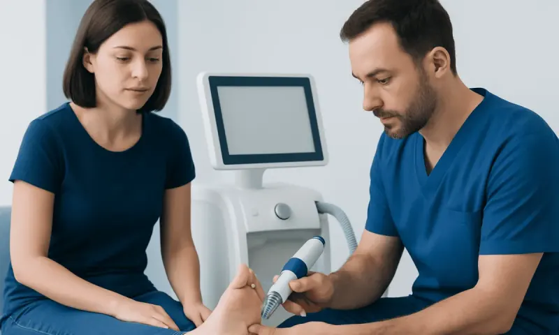 Doctor examining a patient's foot with a medical device in a clinical setting.