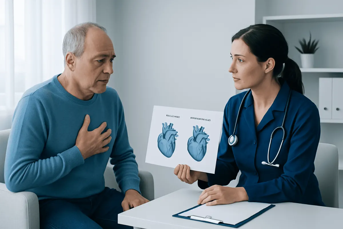 Doctor explaining heart condition to an elderly patient with heart diagrams.