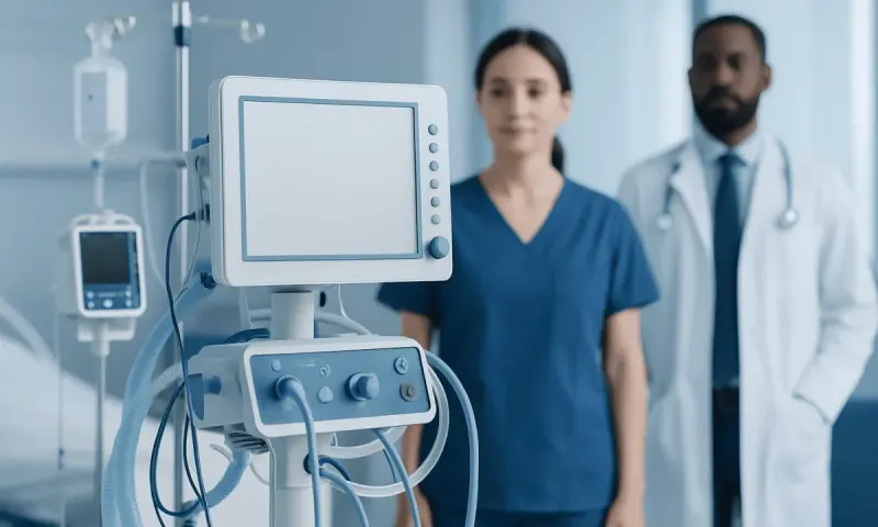 Medical professionals in a hospital room with ventilator equipment.