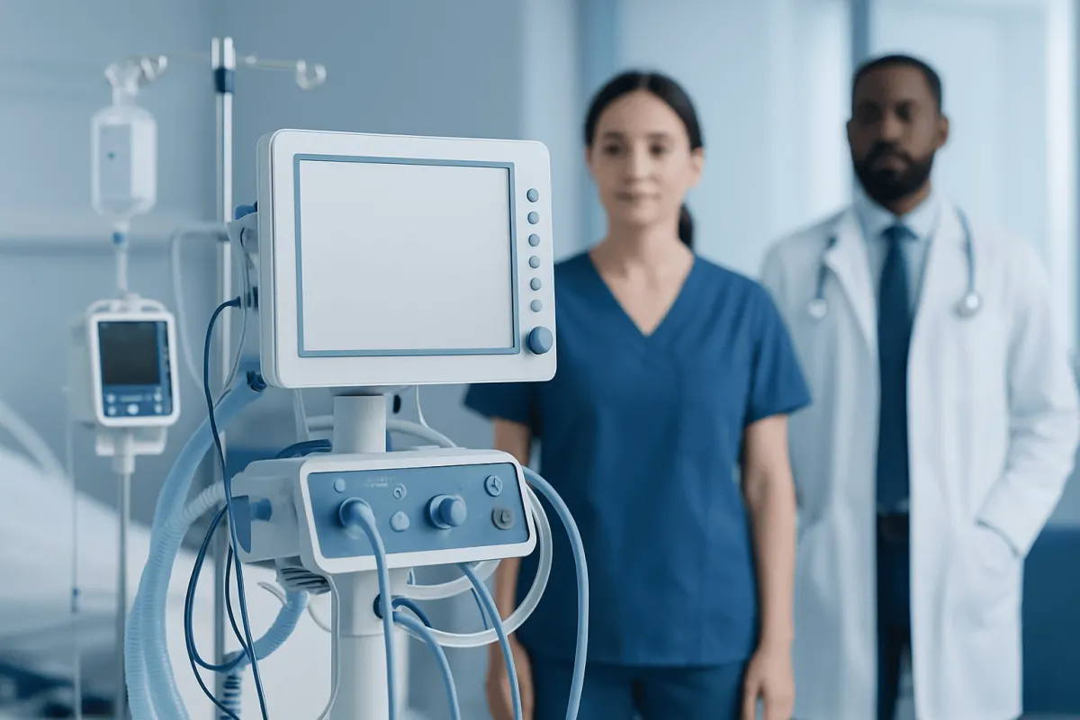 Medical professionals in a hospital room with ventilator equipment.