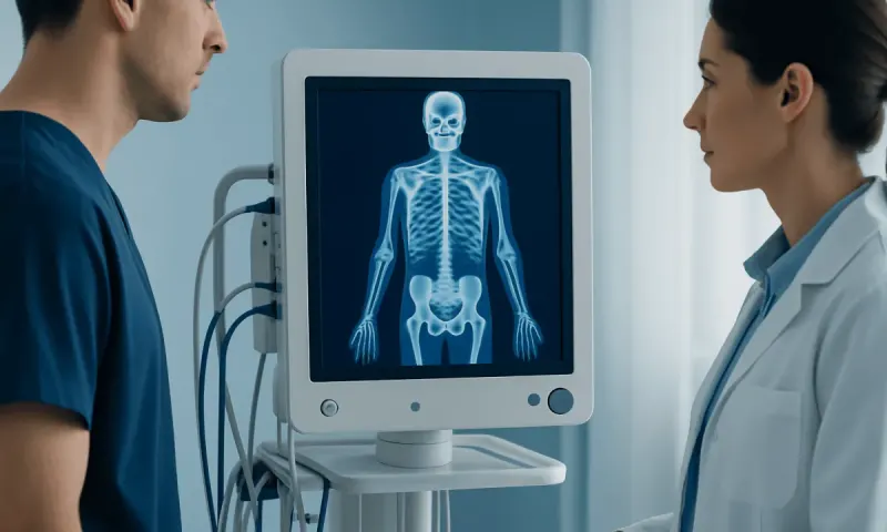 Medical professionals examining a digital skeleton on a monitor.