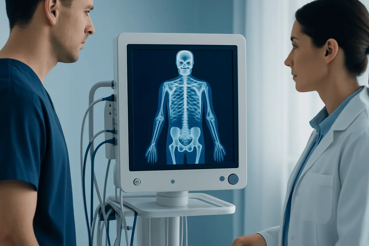 Medical professionals examining a digital skeleton on a monitor.