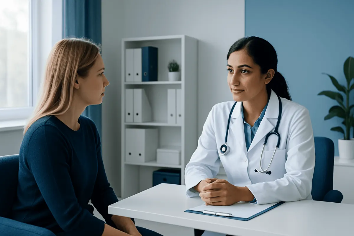 Doctor consulting with a patient in a modern medical office.