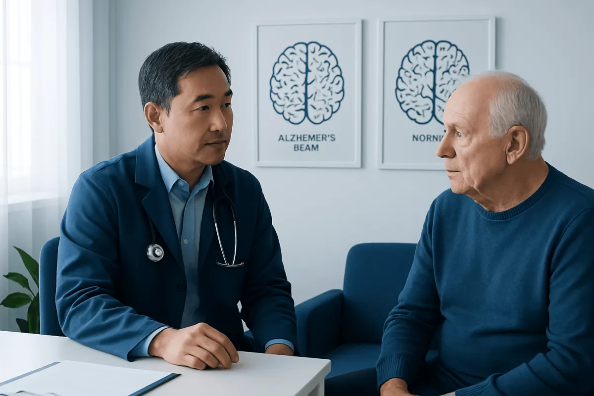 Doctor consulting with elderly patient about Alzheimer's and normal brain differences.