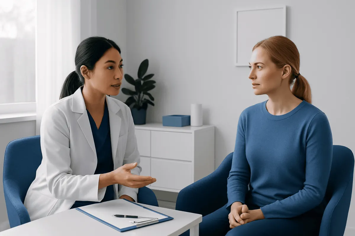 Doctor consulting with patient in a medical office setting.