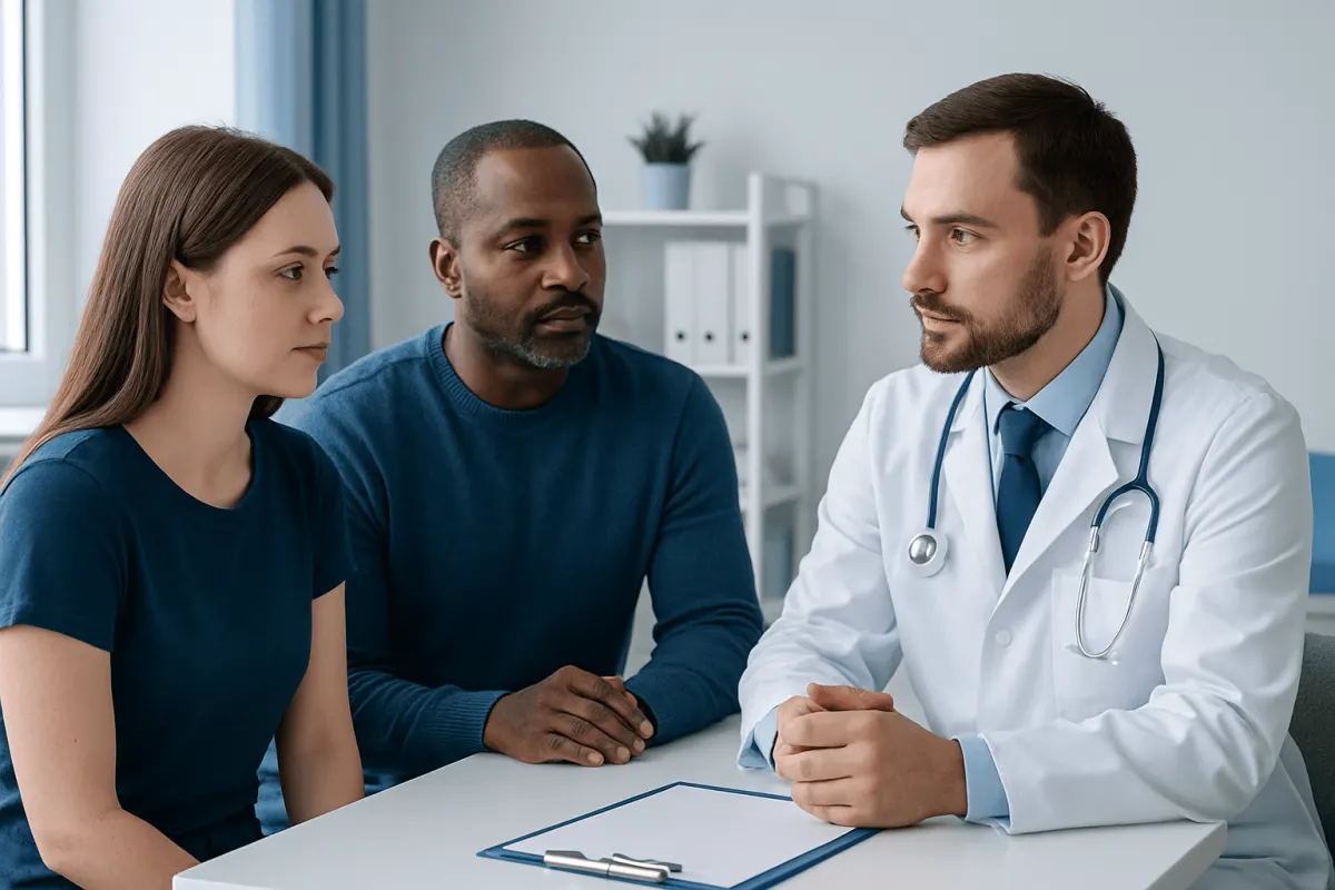 Doctor explaining health information to a couple in a consultation room.