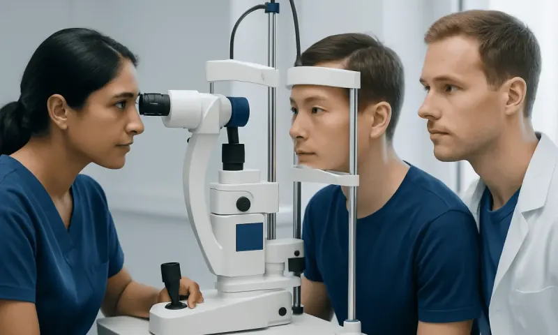 Ophthalmologist examines a patient's eyes with a slit lamp at Acibadem Hospital.