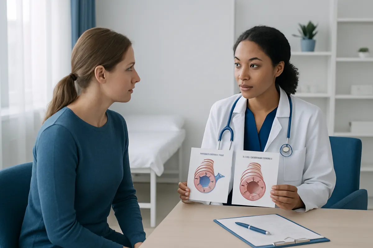 Doctor explaining asthma types with diagrams to patient in clinic.