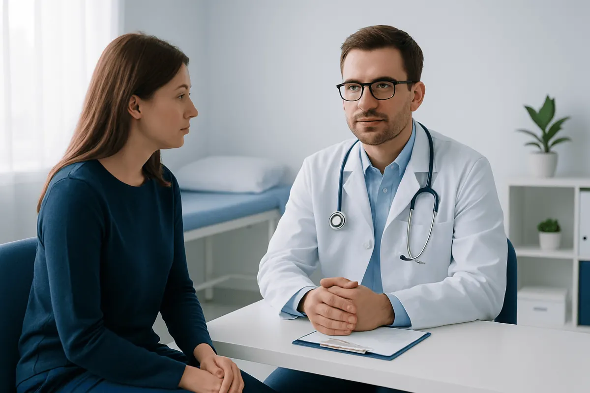 Doctor consulting with a female patient in a medical office.