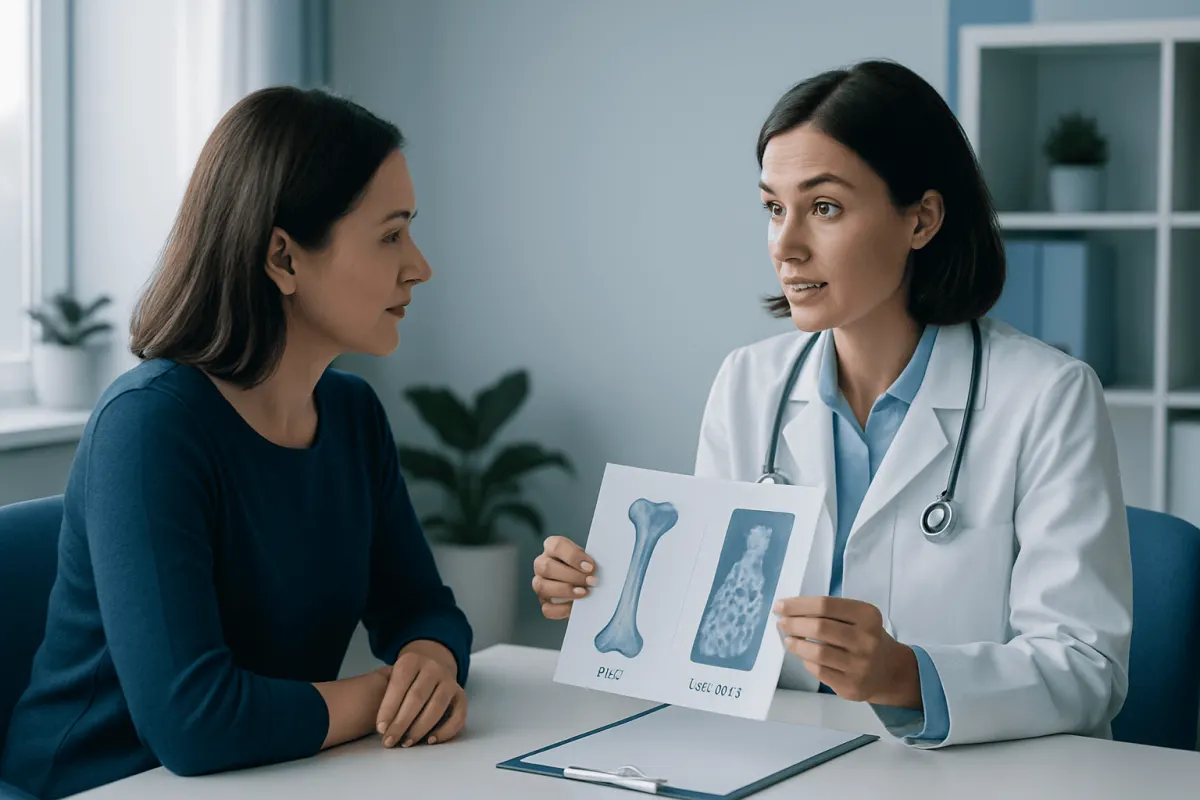 Doctor explaining bone marrow and fat stem cell images to patient in consultation room.