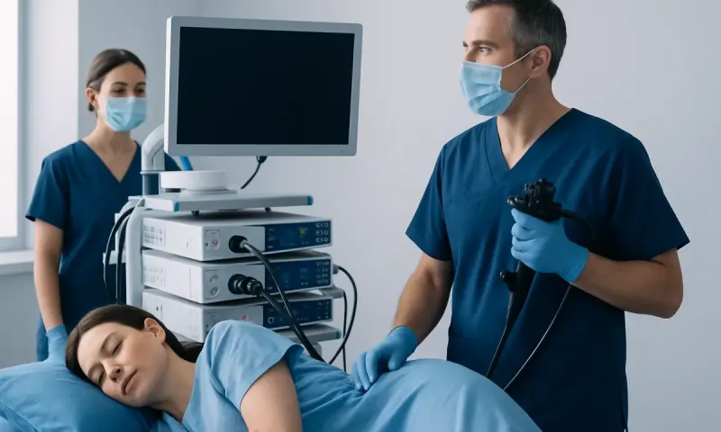 Medical professionals preparing for a colonoscopy procedure in a hospital setting.