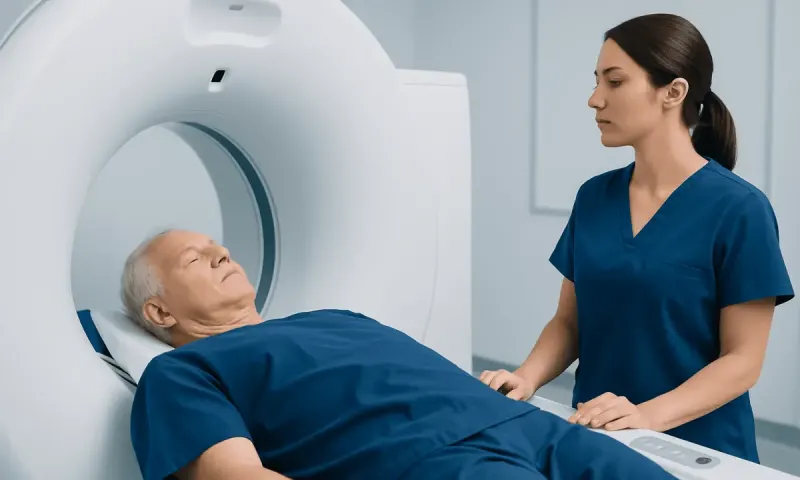 Patient undergoing a CT scan in a hospital setting with medical staff present.