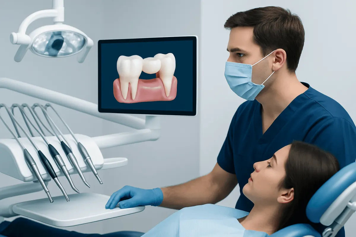Dentist explaining dental bridge options to patient in clinic.