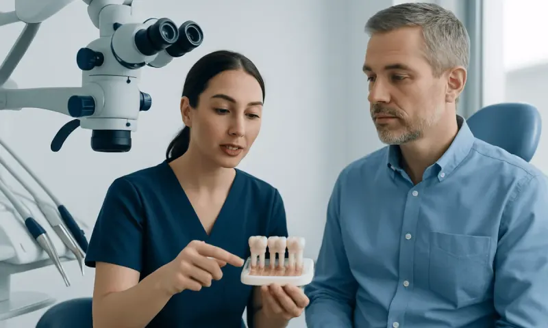 Dentist explaining dental bridge and implant options to patient.