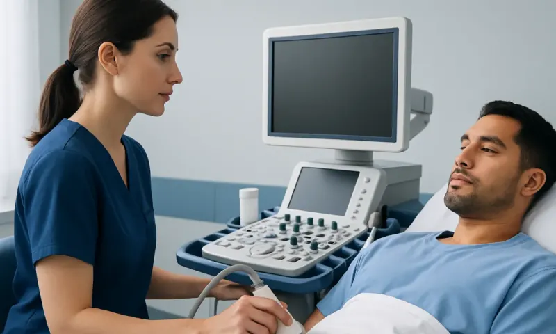 Medical professional performing an ultrasound on a patient in a hospital room.