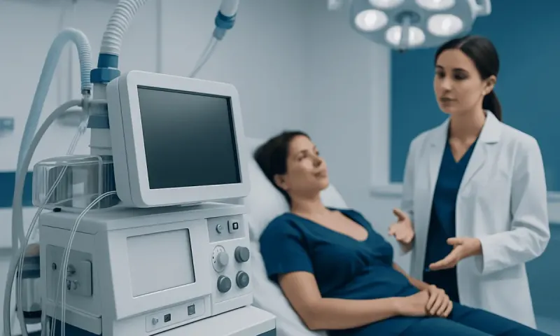Medical professional consulting patient in hospital room with medical equipment.