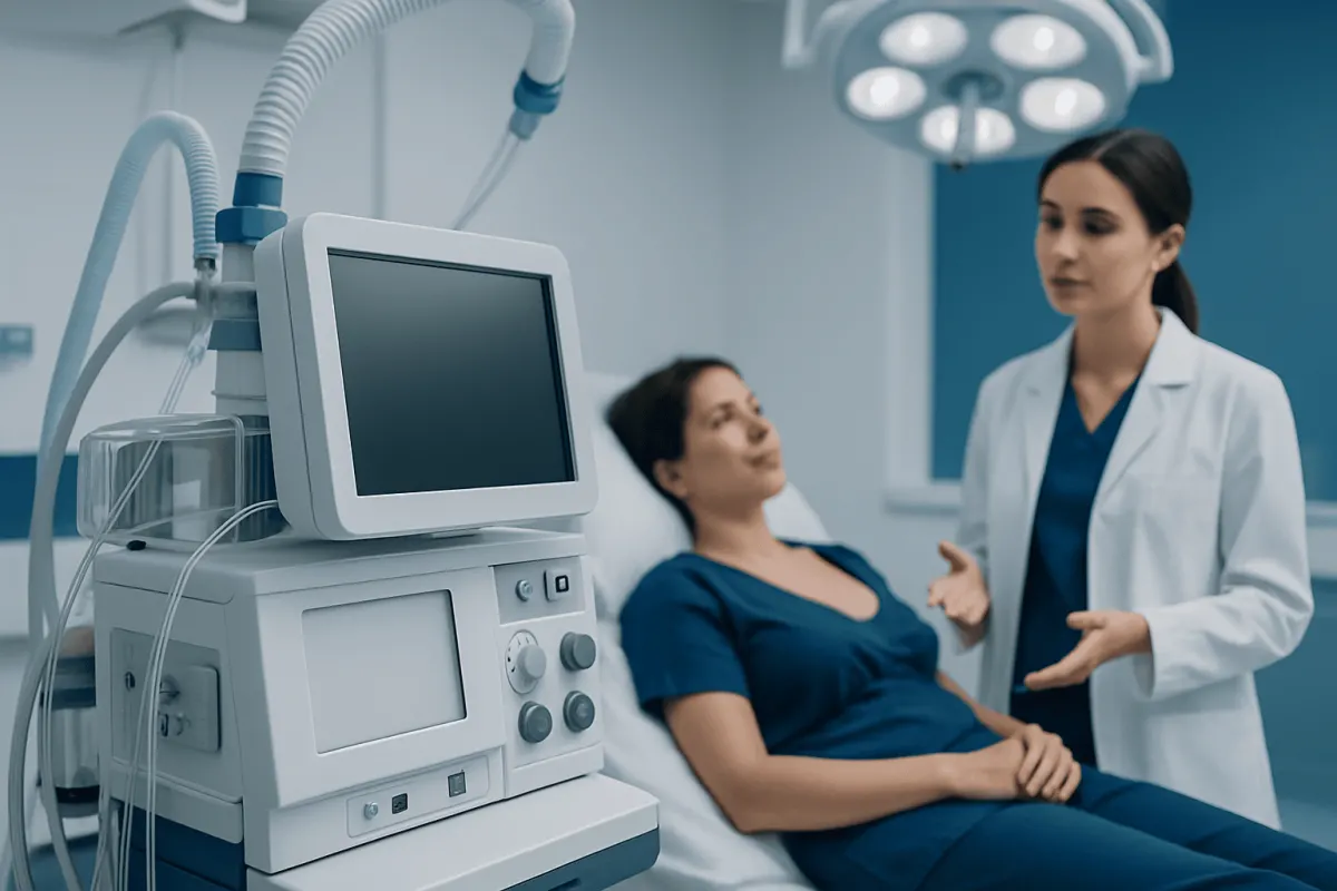 Medical professional consulting patient in hospital room with medical equipment.