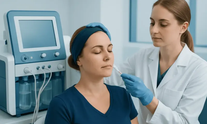 Medical professional administering facial treatment to a woman in a clinical setting.