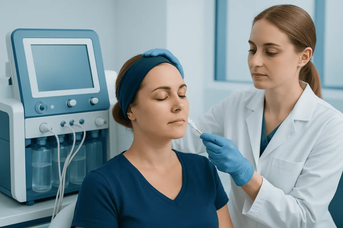 Medical professional administering facial treatment to a woman in a clinical setting.