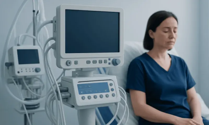 Patient in hospital room with medical monitors and equipment.