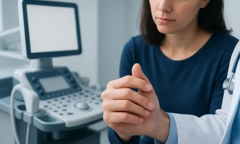 Doctor examining a patient's finger in a clinical setting.